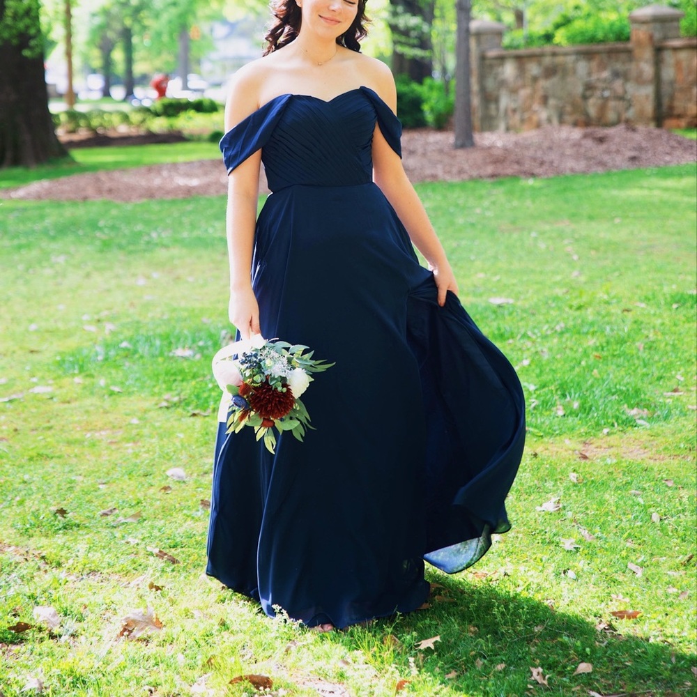 Navy, off shoulder prom/bridesmaids dress